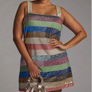 NEW‎ Anthropologie Not So Serious striped sequin shimmer mini rainbow dress 16